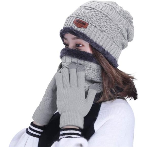 Winter Hat Scarf Gloves Slouchy Beanie Snow Knit Skull Cap Touch Screen Mittens - Picture 4 of 6